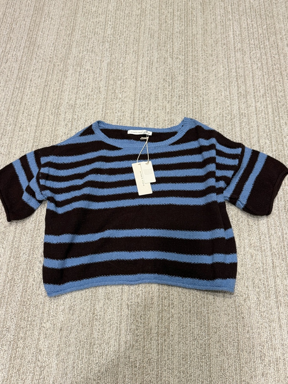 Altar’d State Blue and Brown Striped Short-Sleeve Sweater Too